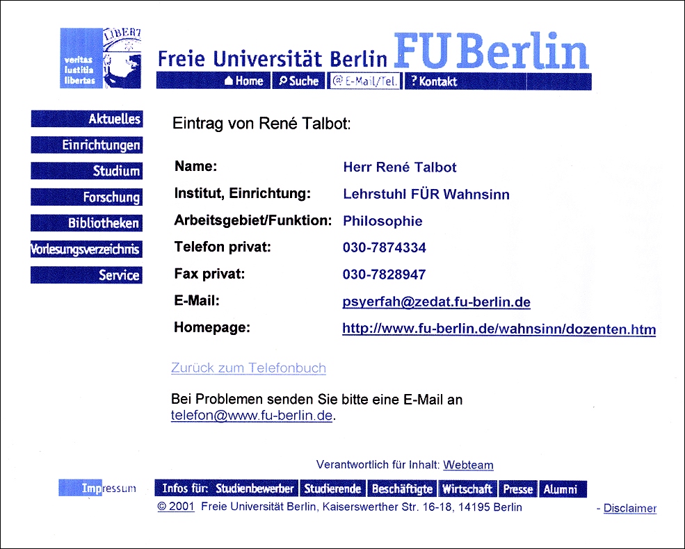 FU-Lehrstuhl für Wahnsinn Screenshot FU-Personenverzeichnis 19.2.2002 - Bild anklicken